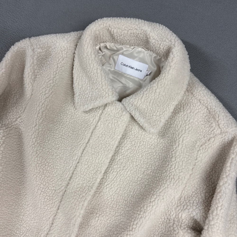 Calvin Klein Jacket Womens Large Cream Sherpa Fleece Teddy Full Zip Plush Coat